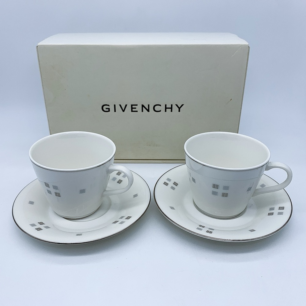 Givenchy Coffee Cup and Saucer Set - Silver Rim Logo Check, Set of 2